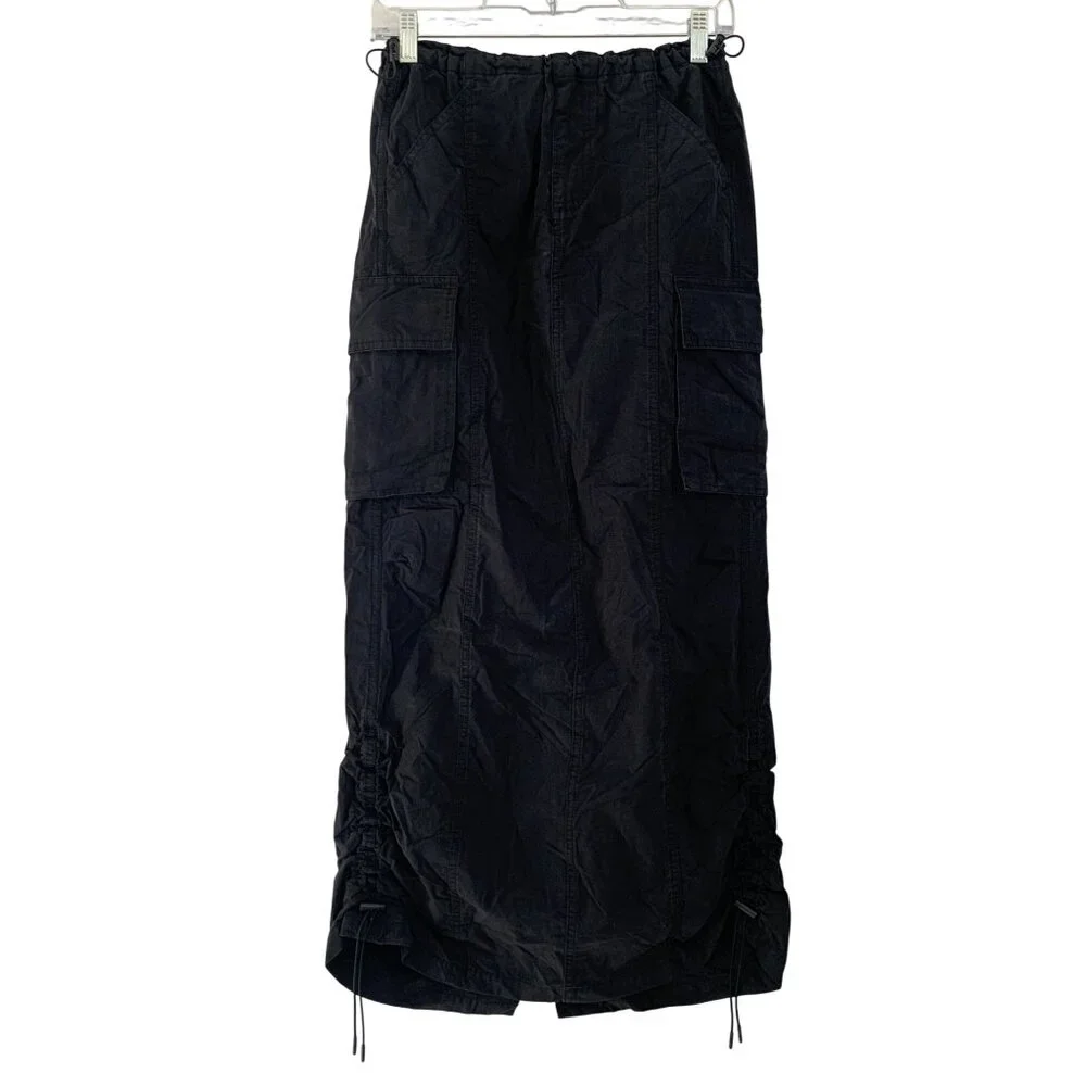 Wild Fable Black Cargo Maxi Skirt Adjustable Drawstring Hem Multiple Pockets XXS - Picture 1 of 13